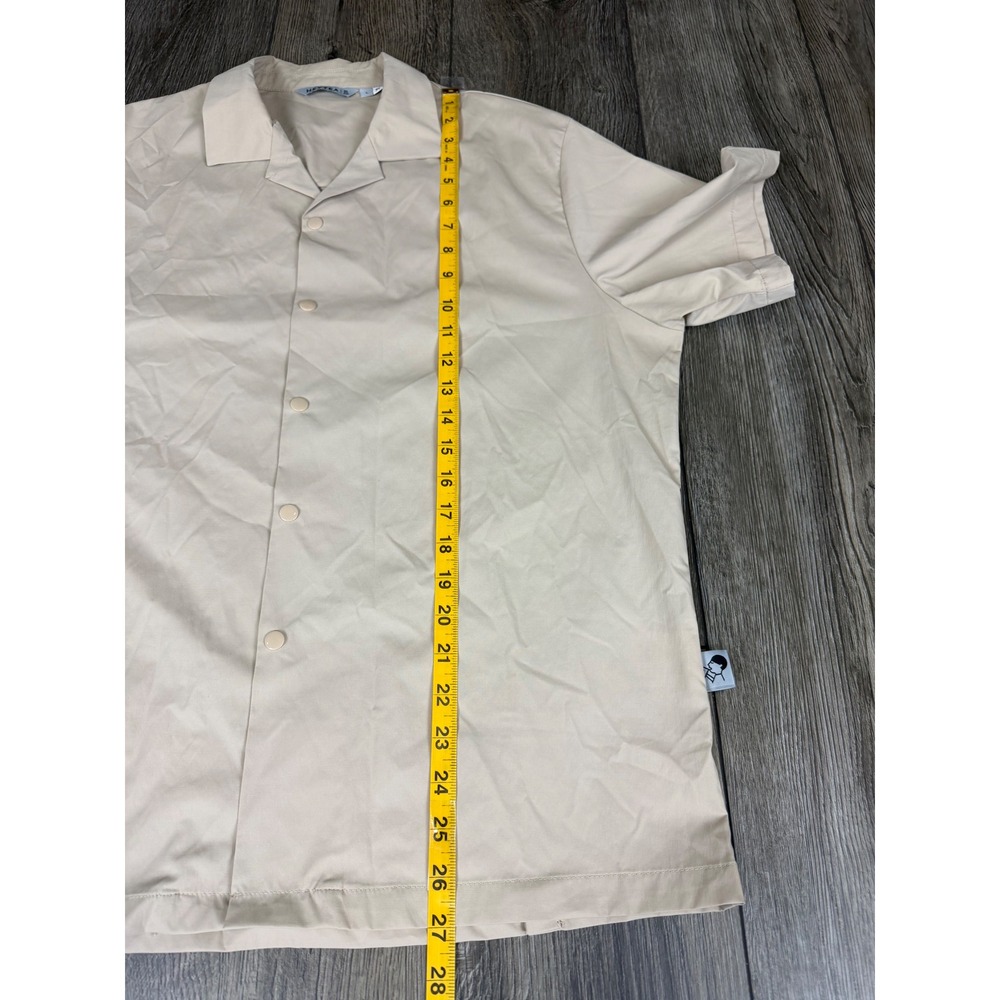 HEYTEA Camp Collar Snap Front Short Sleeve Shirt Tan Large Streetwear Minimalist - Picture 9 of 12